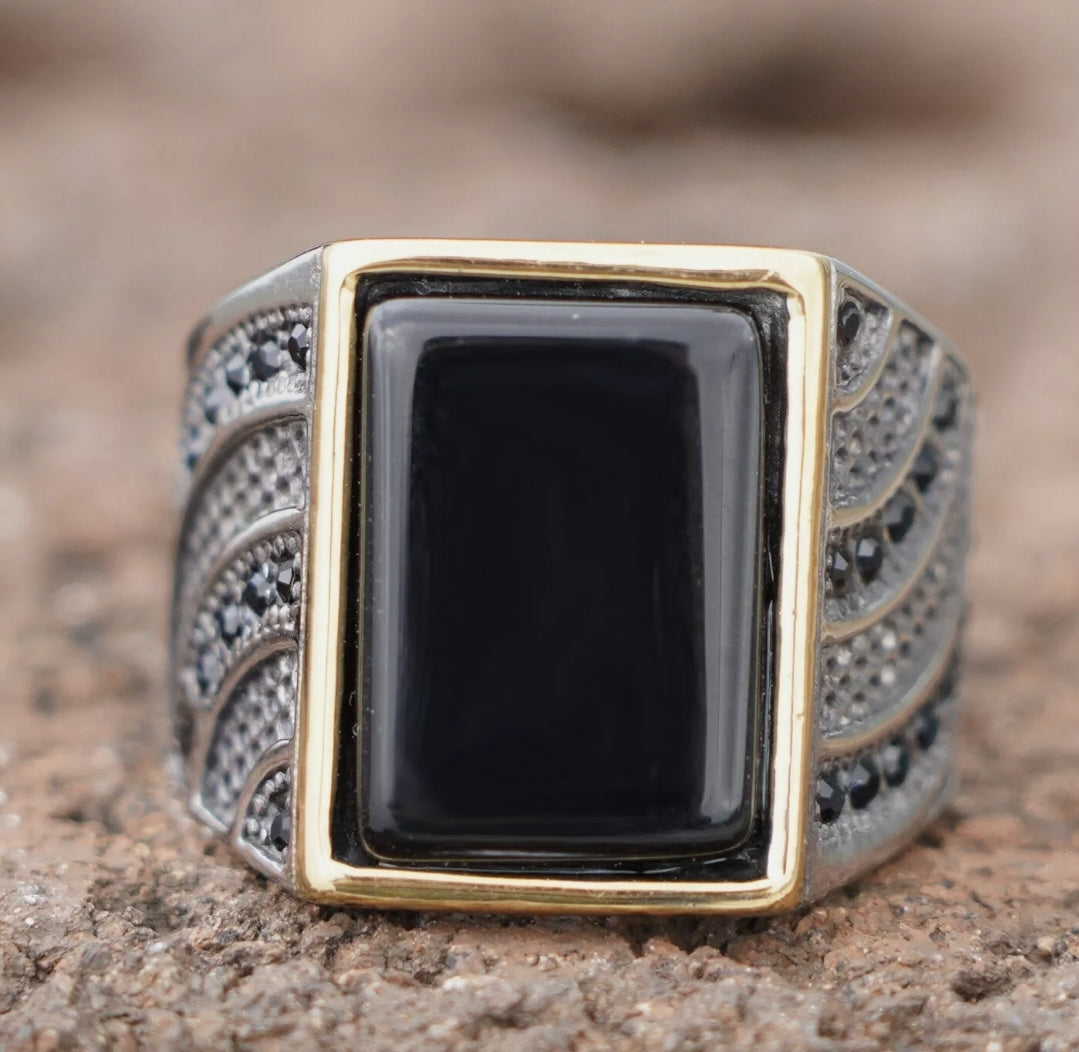 Dion Sleek Stainless Steel Onyx Ring